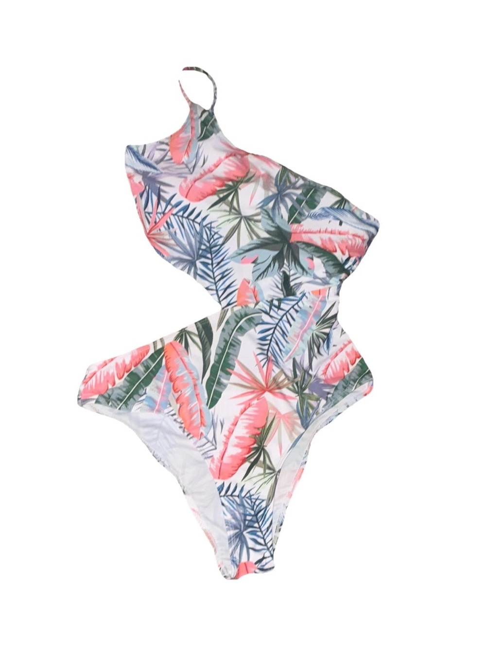 Girls One-Shoulder Tropical Leaf One-Piece Swimsuit in Pink & Green